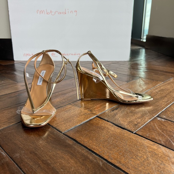Aquazzura Shoes - Aquazzura glossy gold metallic leather size 8M(38) strappy wedge heel sandals